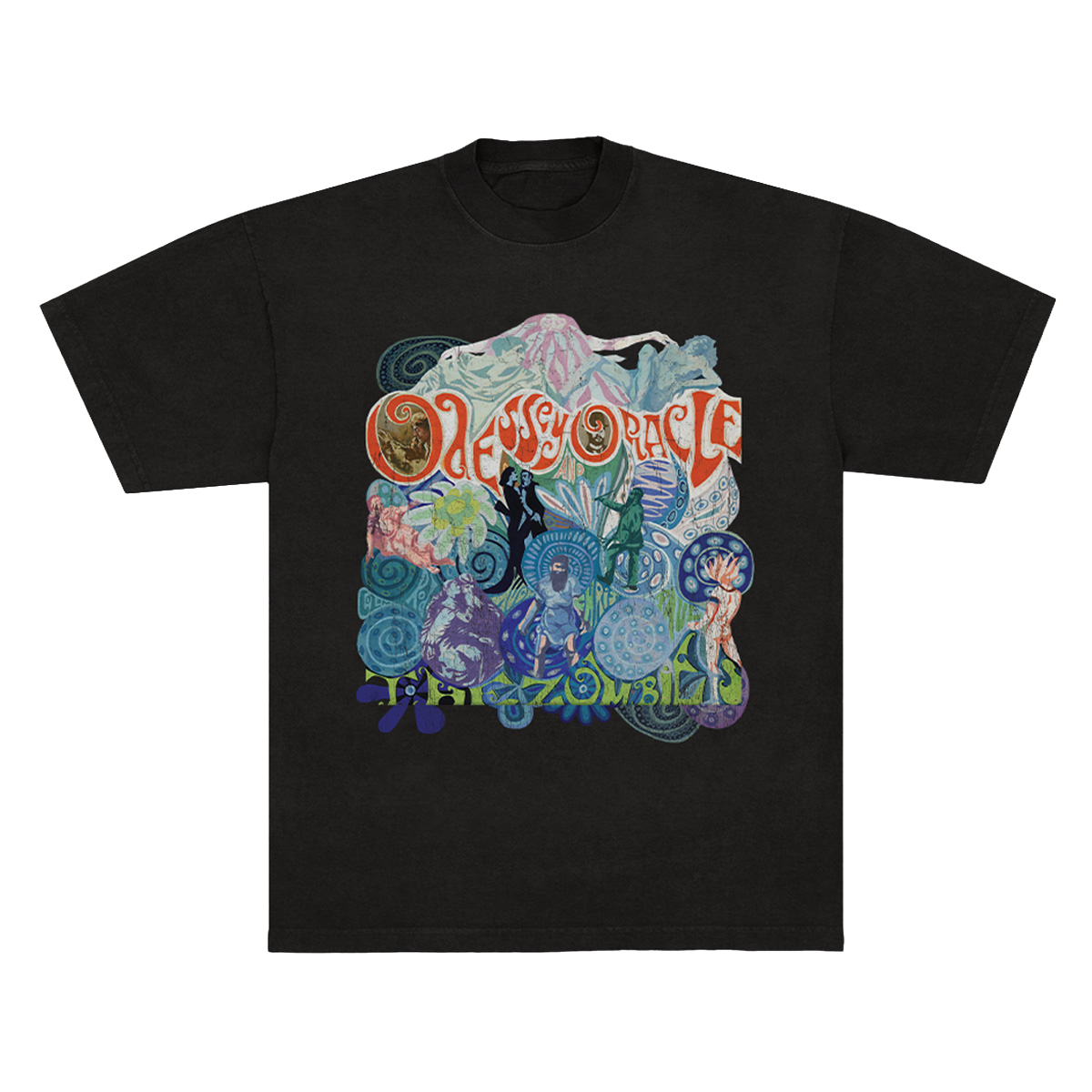 A black short-sleeve crewneck t-shirt featuring a large, colorful psychedelic graphic on the front. The graphic includes the words 'Odessey Oracle' in orange-red lettering and 'The Zombies' in green lettering, surrounded by intricate blue, purple, and green illustrations.