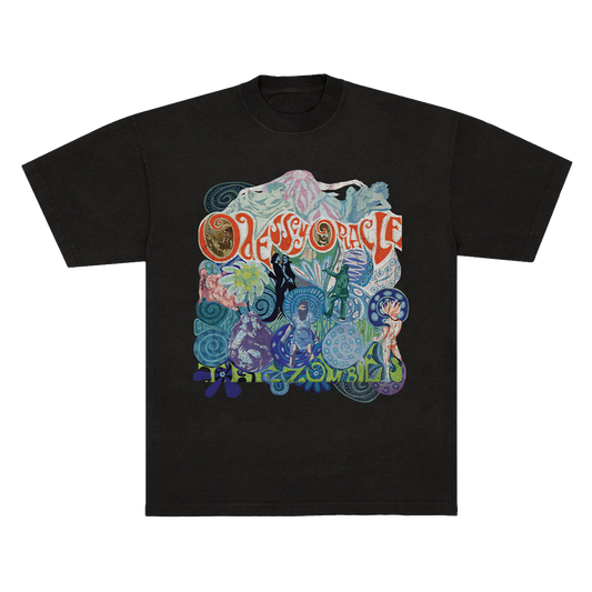 A black short-sleeve crewneck t-shirt featuring a large, colorful psychedelic graphic on the front. The graphic includes the words 'Odessey Oracle' in orange-red lettering and 'The Zombies' in green lettering, surrounded by intricate blue, purple, and green illustrations.