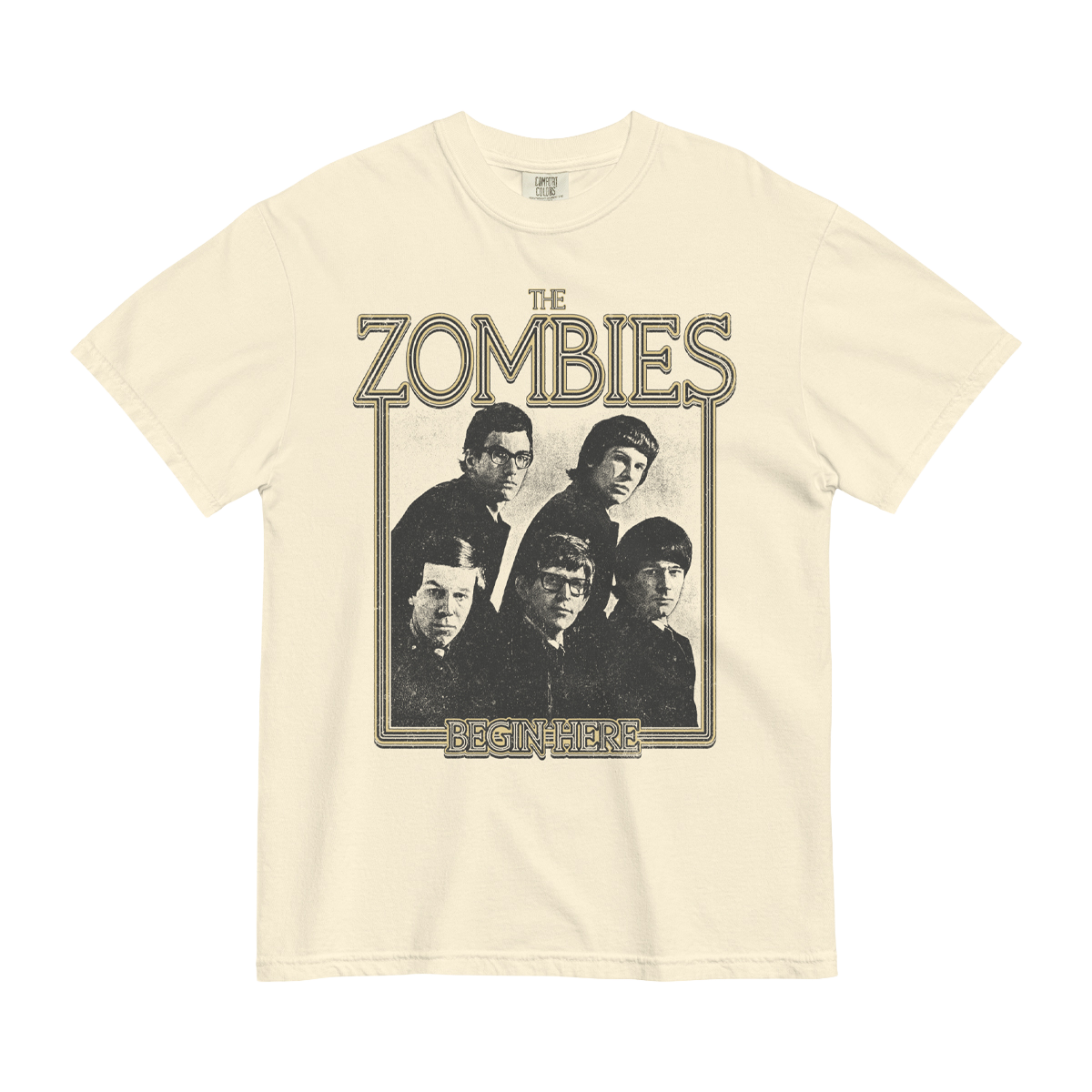 Beige t-shirt with 'The Zombies' graphic design 