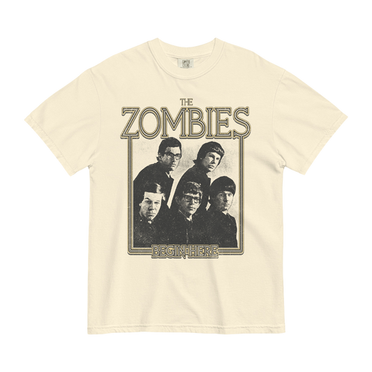 Beige t-shirt with 'The Zombies' graphic design 
