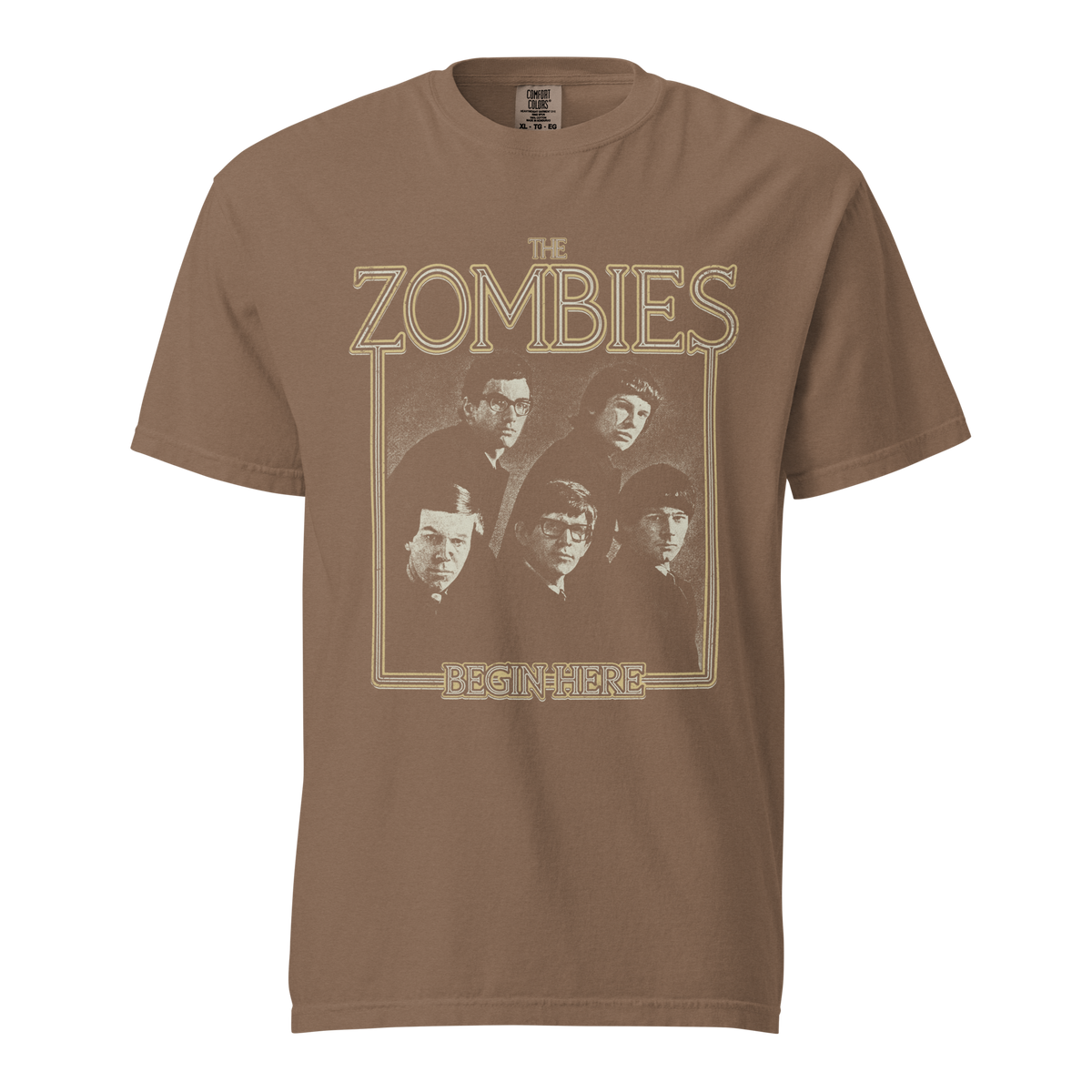 Brown unisex tee with The Zombies 'Begin Here' Frame design and photo of the band