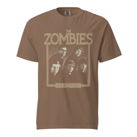 Brown unisex tee with The Zombies 'Begin Here' Frame design and photo of the band