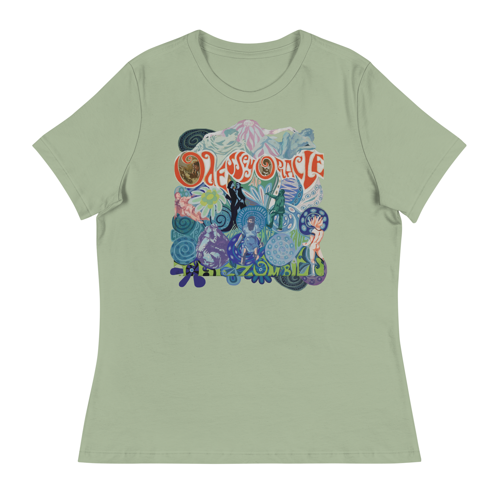 A sage green short-sleeve t-shirt with a colorful graphic print on the front featuring the text 'Odessey', 'Oracle' and 'The Zombies' in a retro psychedelic design.