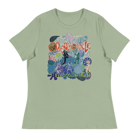 A sage green short-sleeve t-shirt with a colorful graphic print on the front featuring the text 'Odessey', 'Oracle' and 'The Zombies' in a retro psychedelic design.